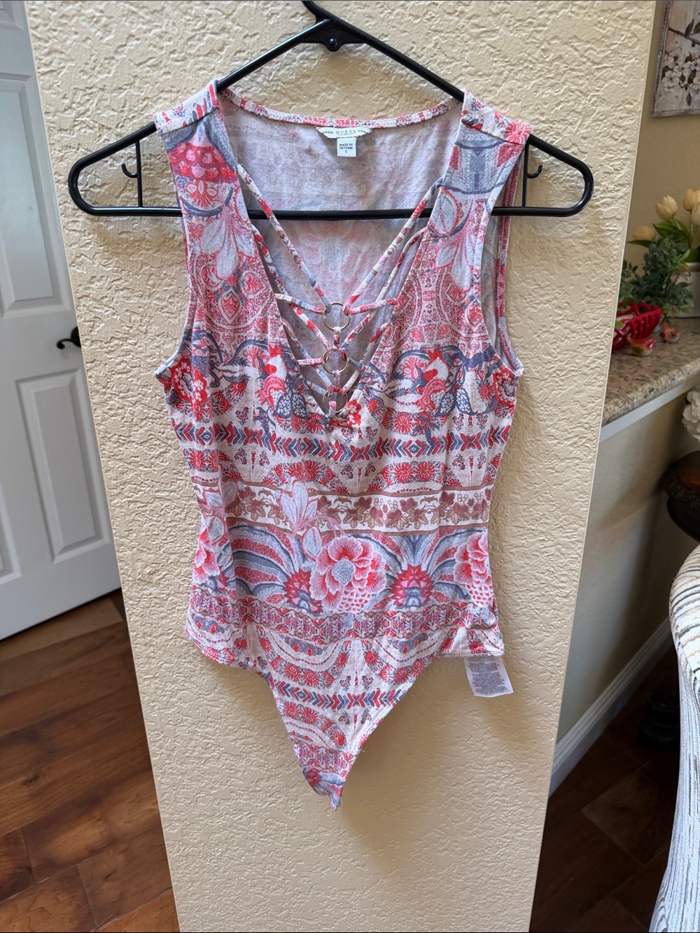 Guess Coral & Light Blue Paisley Lace-Up Sleeveless Bodysuit